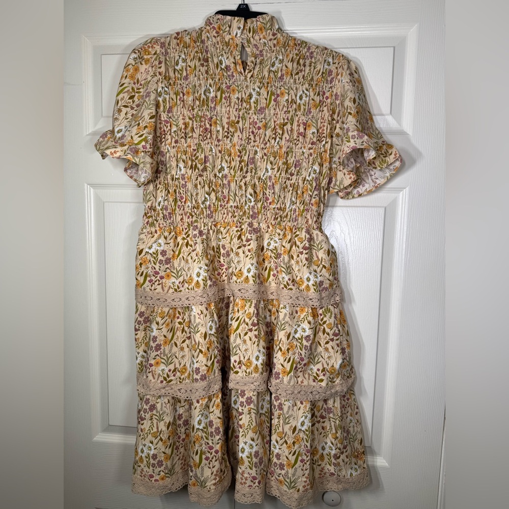 Simply Southern Preppy Tan Floral Field Smocked Dress‎ - Picture 4 of 7